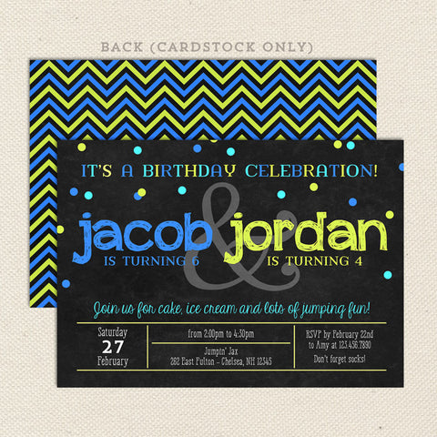 trampoline park double birthday invitation for two children boys brothers, chalkboard and blue green