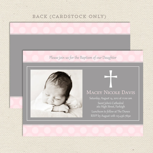 girl photo baptism invitation, pink gray, printable digital file