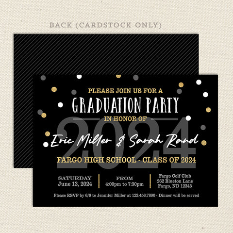 graduation party announcement or invitation for class of 2024, printable digital file in black and gold