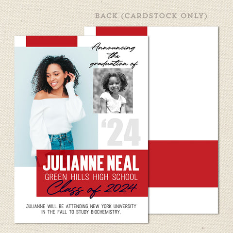 now and then graduation photo invitation, printable digital file red