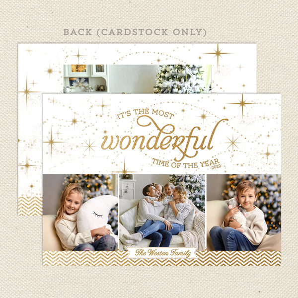 wonderful time of year white gold printable christmas photo card, horizontal, front
