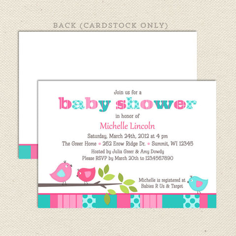bird girl baby shower invitation aqua pink
