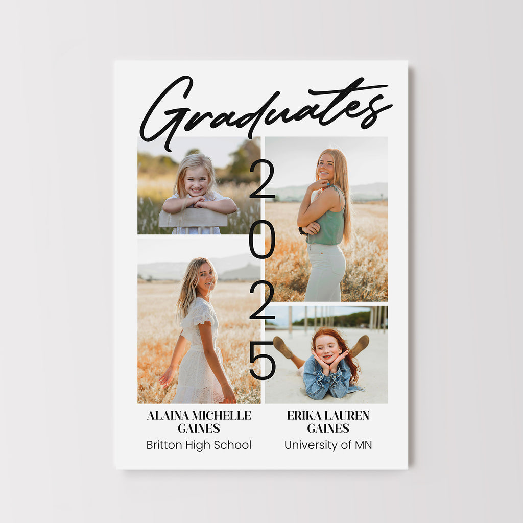Photo graduation invitation for 2 people with white background and black text. 