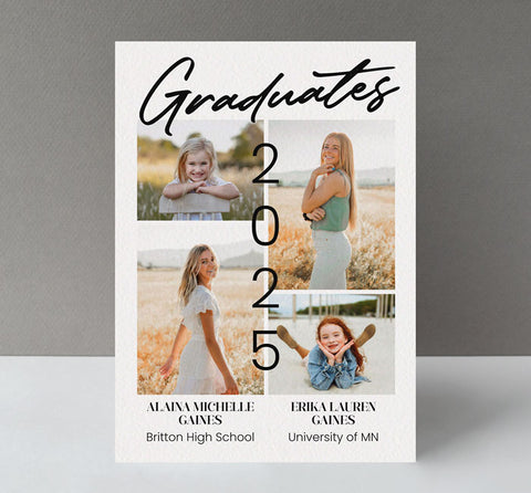 2 person or sibling grad invitation with white background, black text, and four photos. 