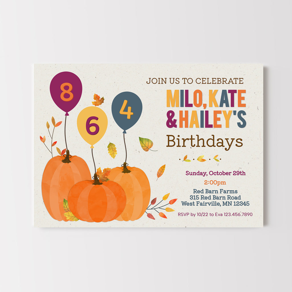 triple fall birthday invitation for 3 kids with pumpkins and colorful balloons tied to them