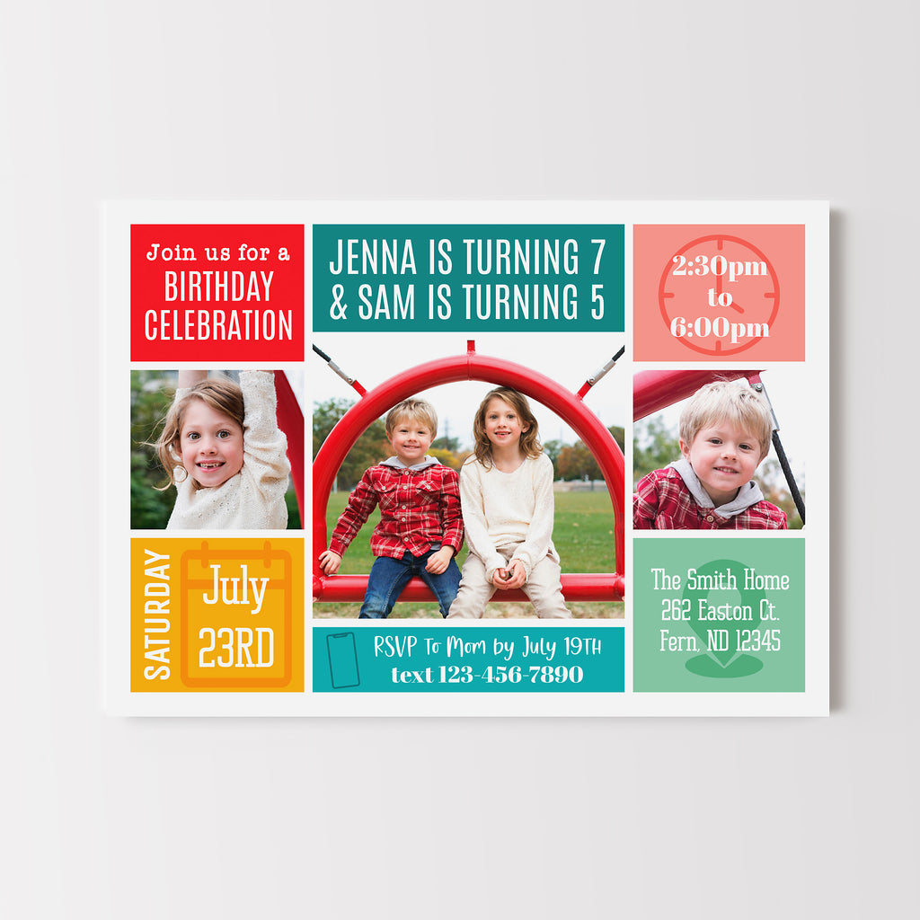Children's birthday party invitation with photos of children on a playground.