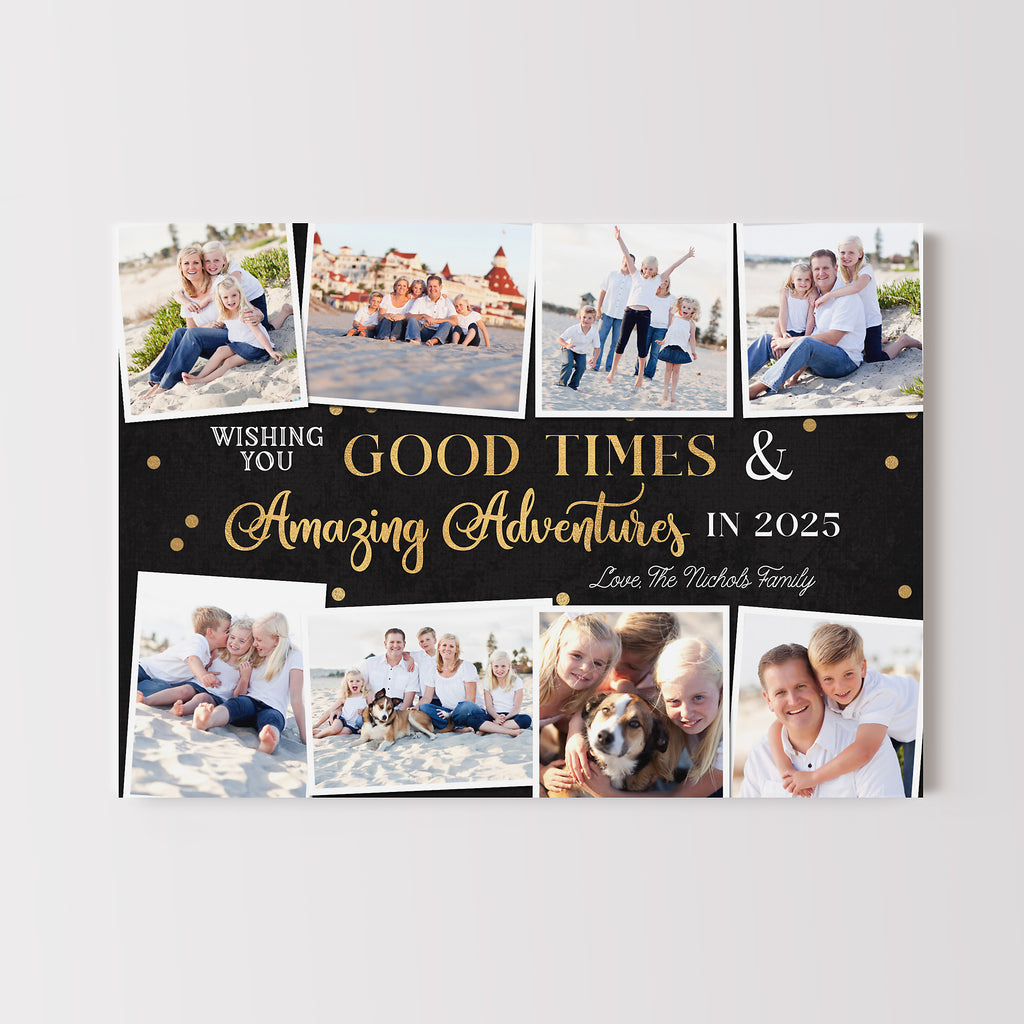Holiday photo card featuring a collage of 8 photos on a black chalkboard background with faux gold accents. 