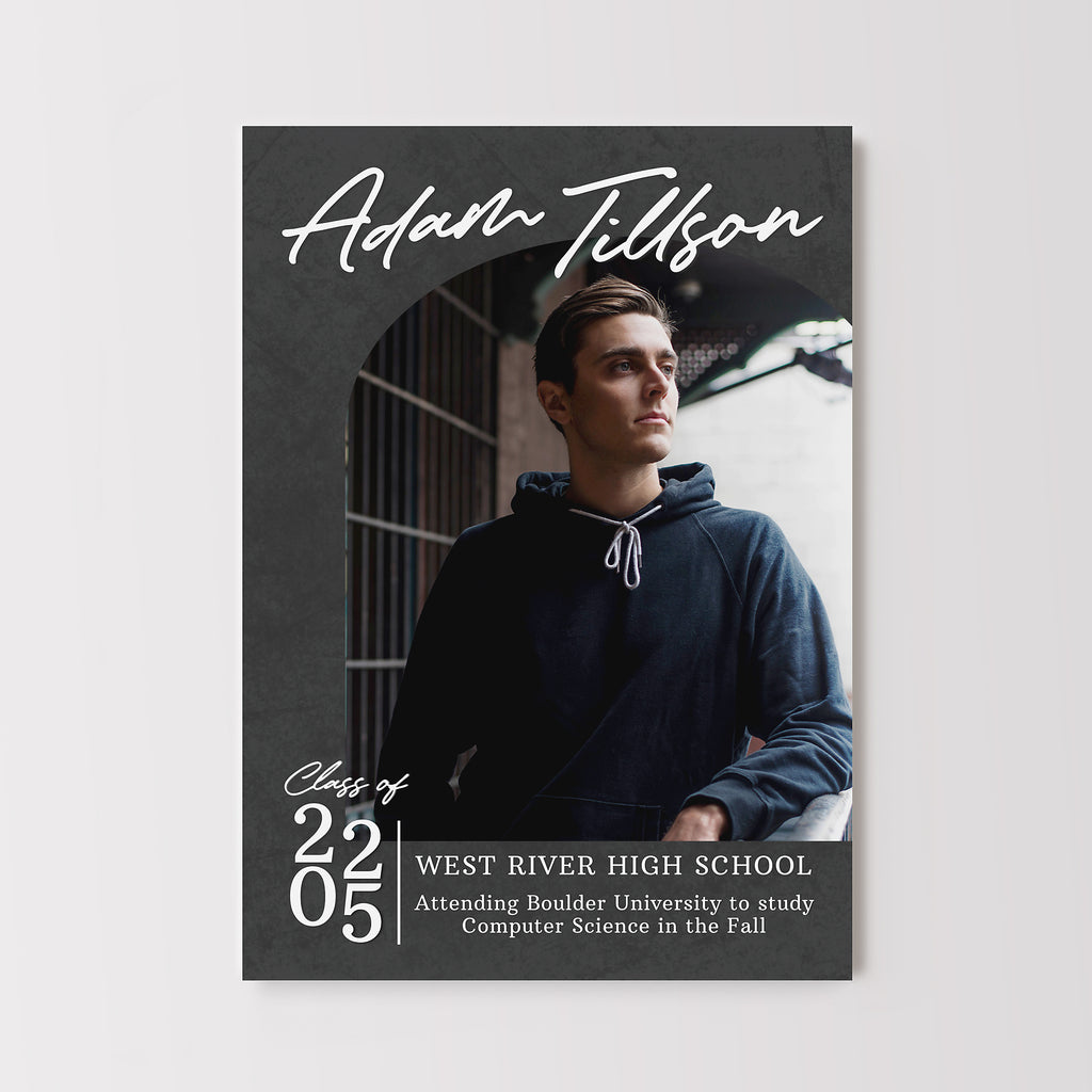 Graduation announcement with arched photo, gray background and white text. 
