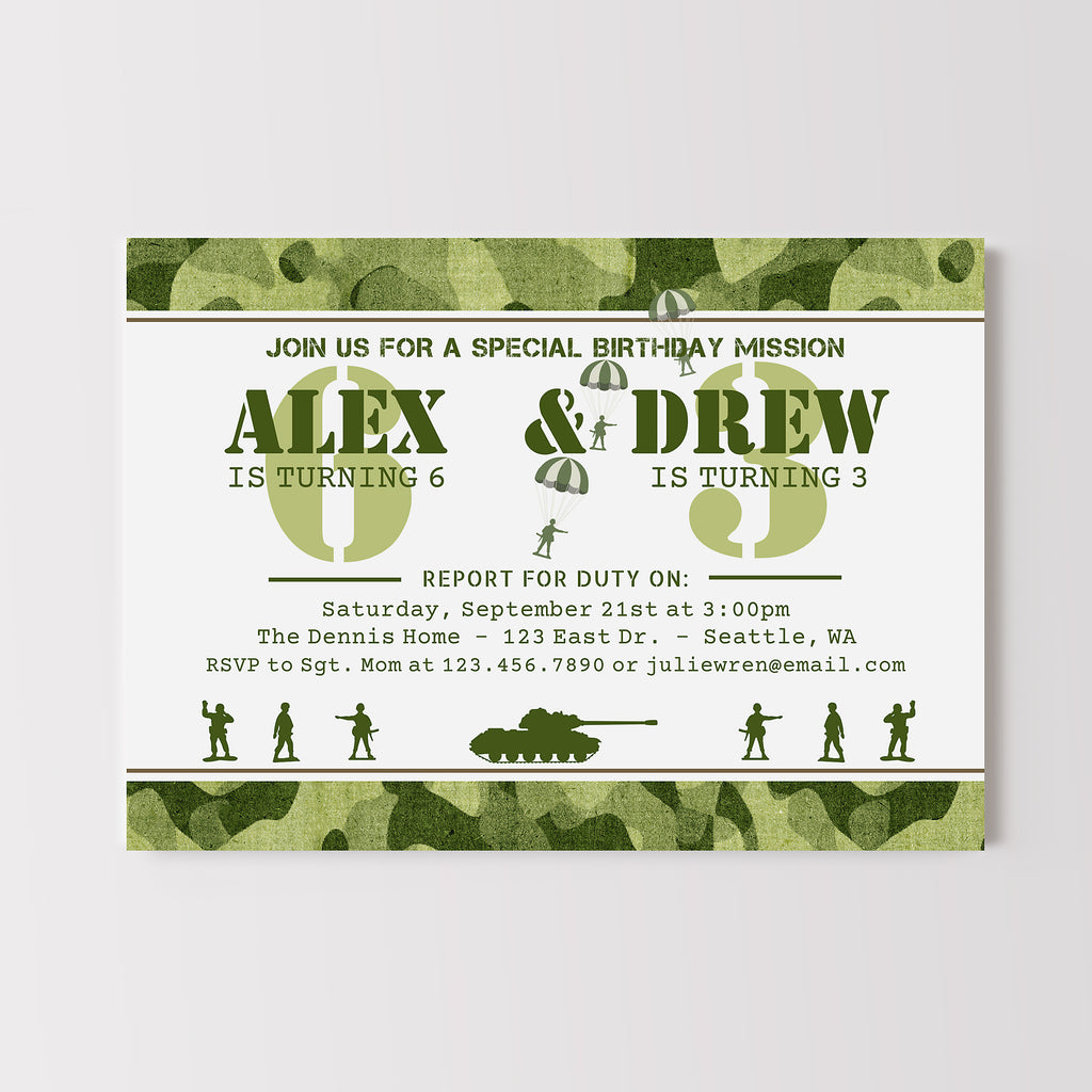 green camouflage themed birthday invitation template, includes paratroopers army tank and solider graphics