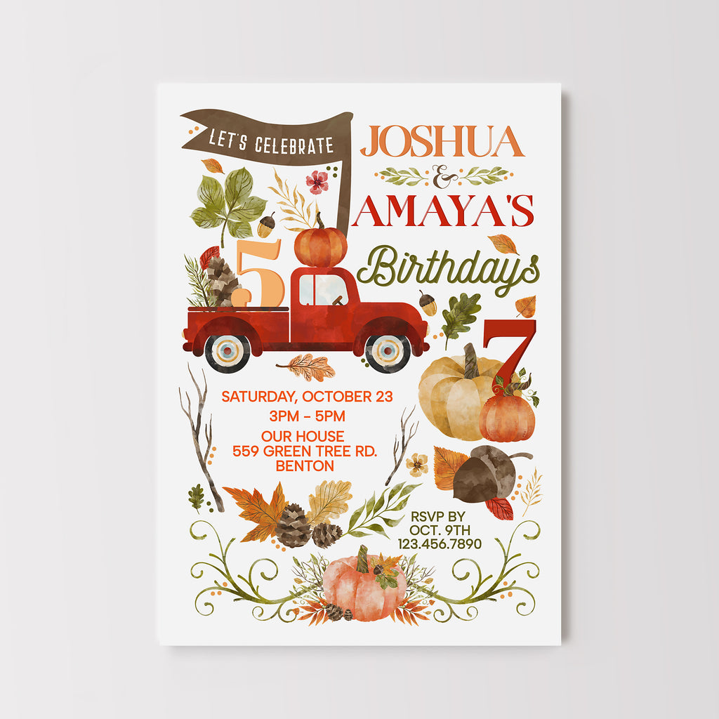 Autumn themed birthday invitation with fall themed graphics such as pumpkins, leaves and a vintage red truck. 