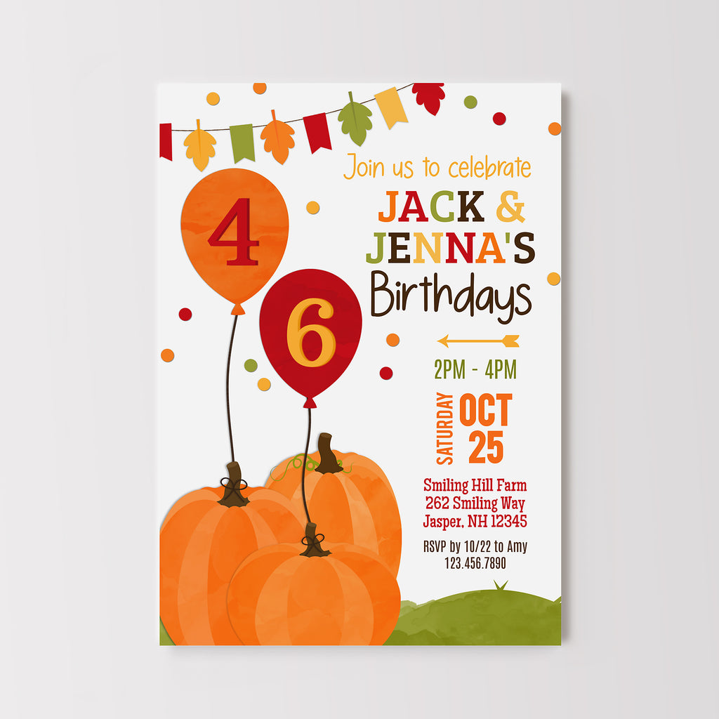 Joint birthday invitation card with pumpkins, balloons, and autumn decorations on a white background