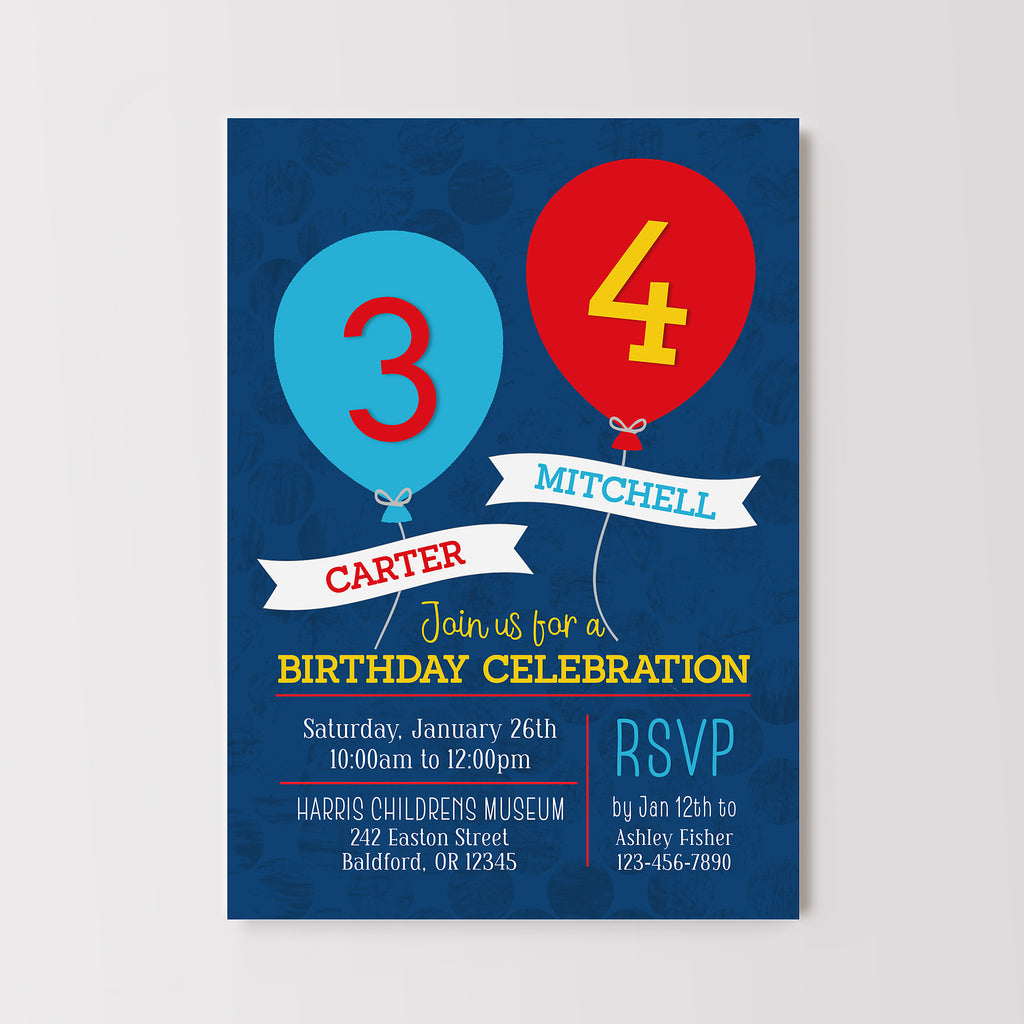 Birthday invitation card with balloons and text on a blue background