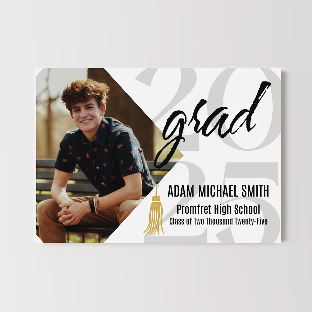 Graduation invitation card with a photo of and grad year, text details on a white background with tassel detail.