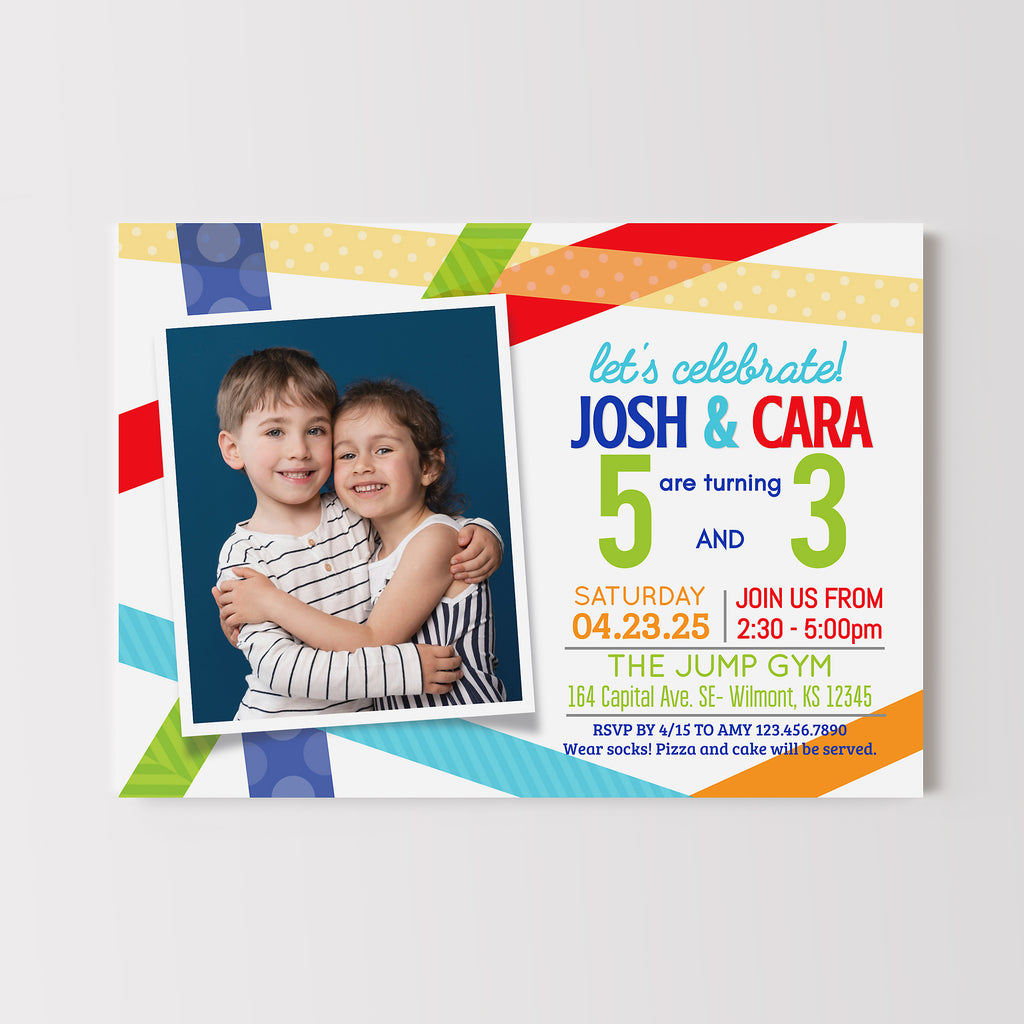 Colorful birthday invitation card with photo of two children hugging