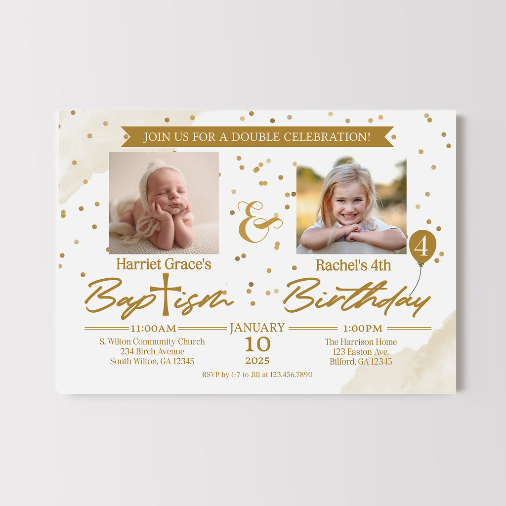 Invitation card for a double celebration of a baptism and a birthday with photos of two children.