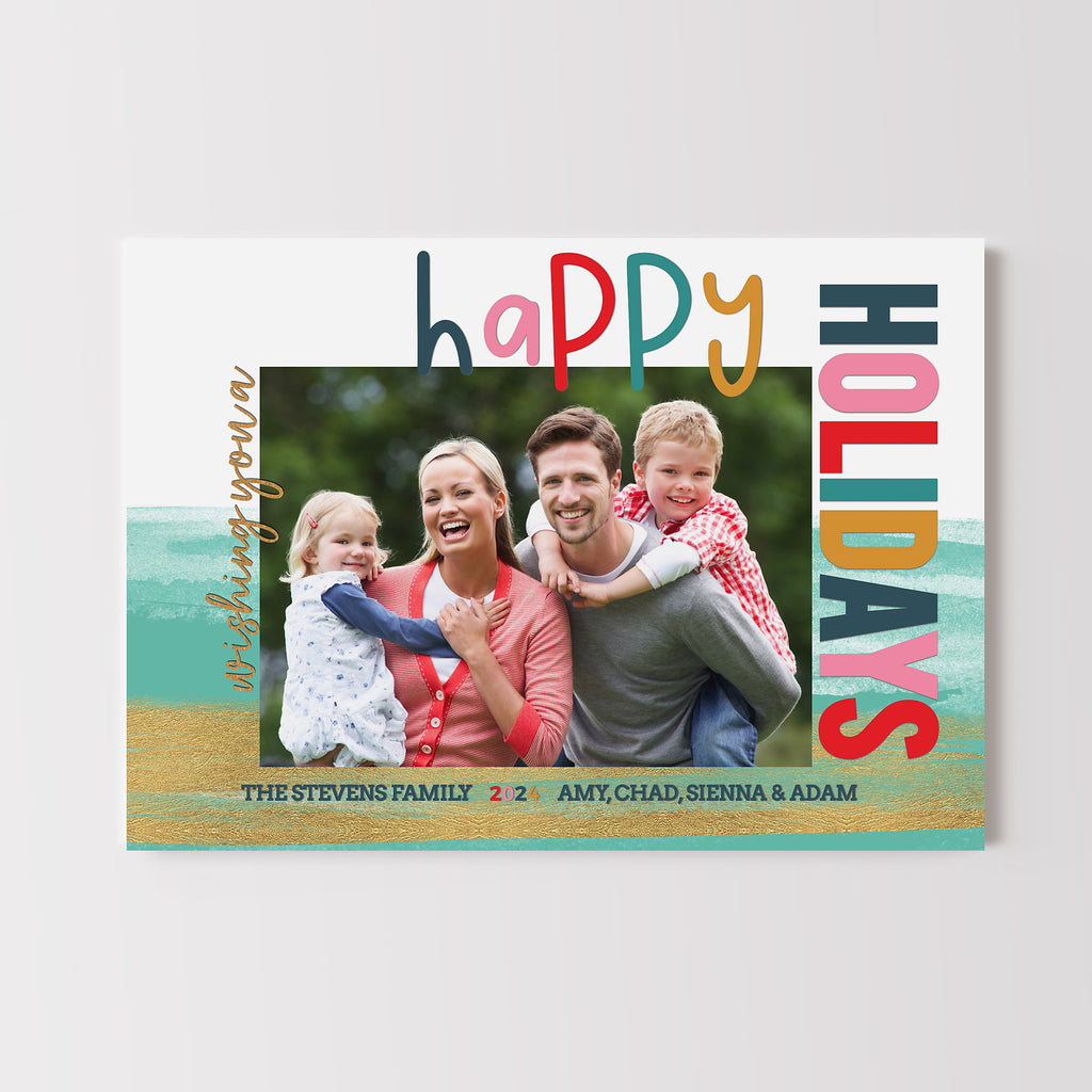 Holiday card with family photo and colorful text on a white background