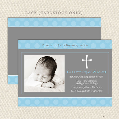 boy photo baptism invitation, printable digital file, blue gray