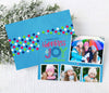 bright holiday photo card with light blue background four photos, fun fonts and colorful text, back side has polka dots and a single photo