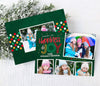 bright holiday photo card with green background four photos, fun fonts and colorful text, back side has polka dots and a single photo