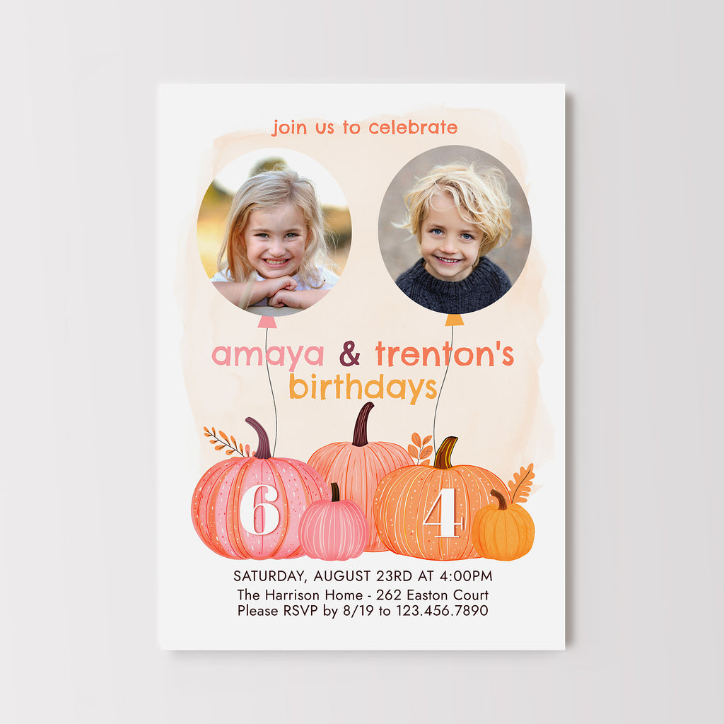 Joint birthday invitation card with pumpkins and children's photos on a light background