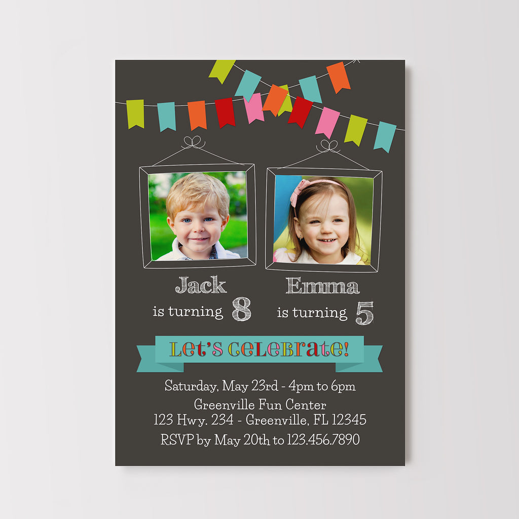 Birthday invitation card with two children's photos and colorful text on a gray background