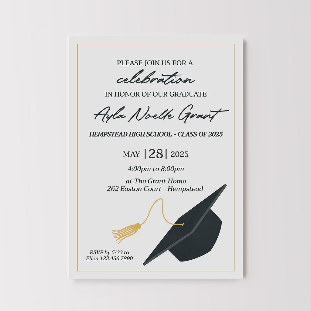 Graduation invitation card with cap and tassel design on a white background