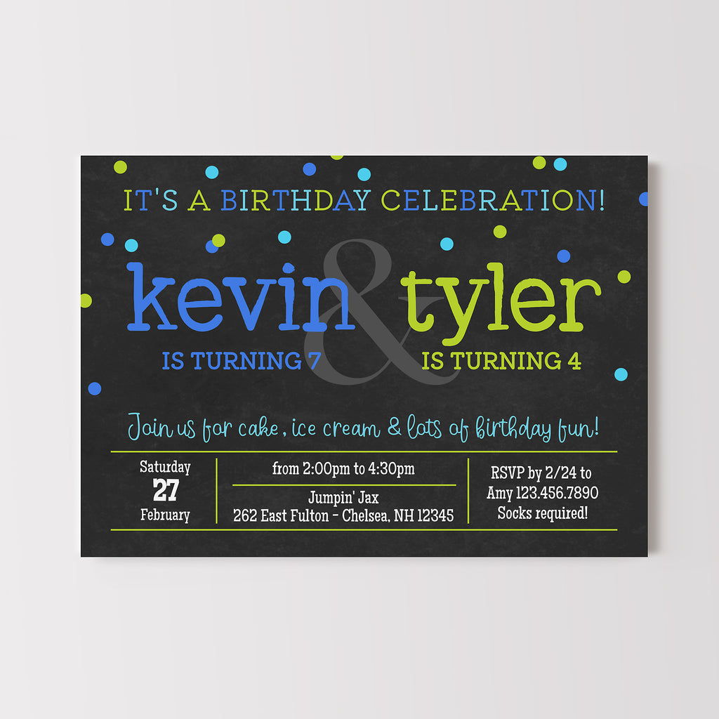 sibling birthday party invite for two kids with a black chalkboard background and colorful blue and green text and confetti