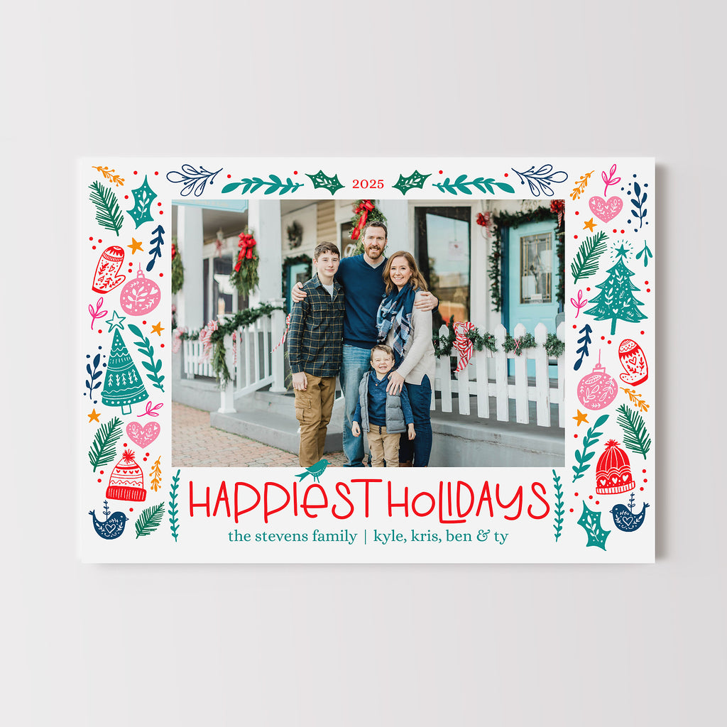 Holiday card with family photo and festive border on a white background