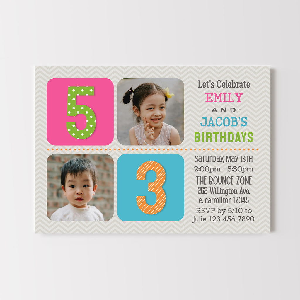 Birthday invitation card with photos of two children and colorful numbers on a chevron patterned border.