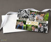 collage style graduation announcement in horizontal format with 9 photos and graduates name in center printed on cardstock with a stack of white envelopes