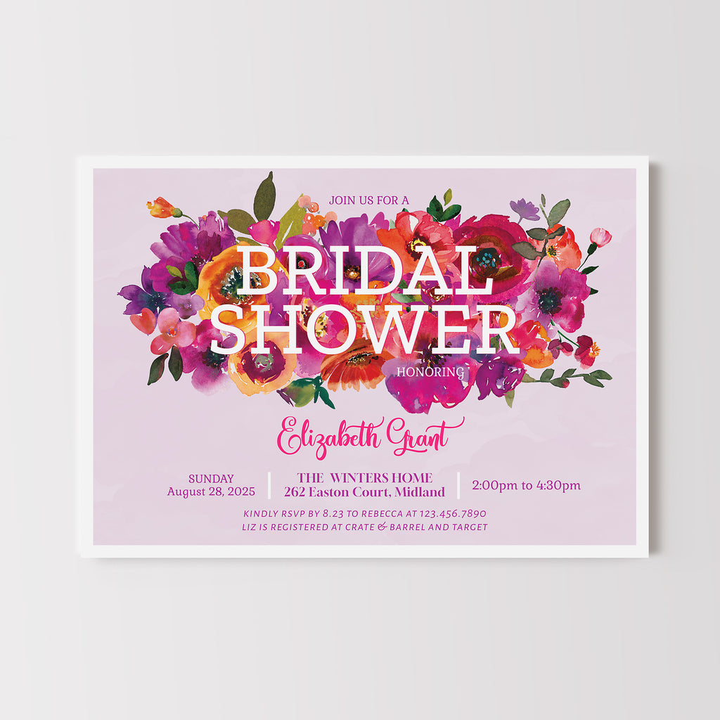 Bridal shower invitation with colorful floral design on a light purple background
