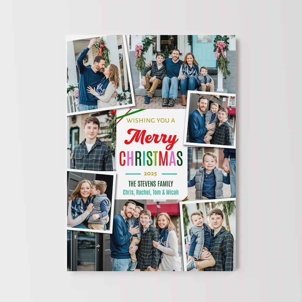 Collage of family photos with a Christmas greeting card design on a white background