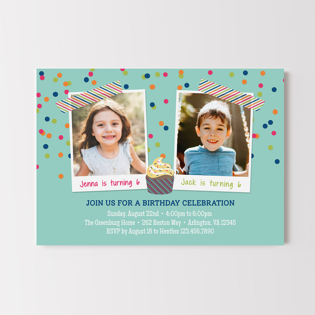 Birthday invitation card with two photos of children on a light blue background with colorful dots.