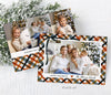 landscape oriented holiday card with single photo on an orange and blue plaid background with a ribbon detail in upper left corner