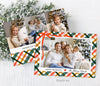 landscape oriented holiday card with single photo on a pink, gold and green plaid background with a ribbon detail in upper left corner