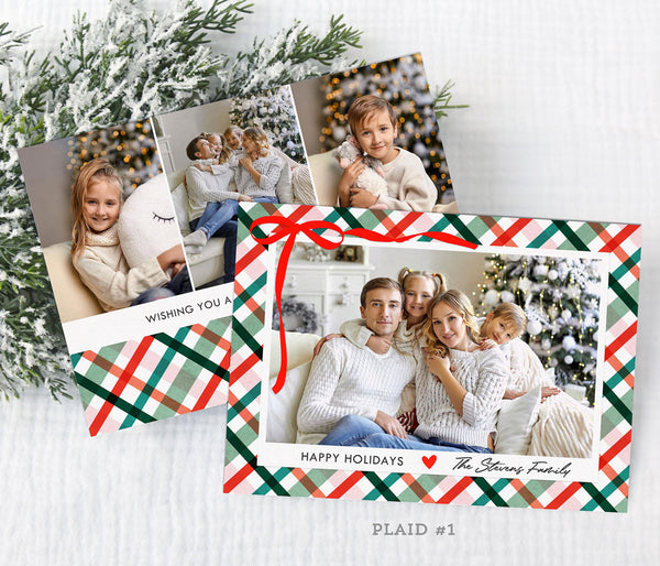landscape oriented holiday card with single photo on a pink and green plaid background with a ribbon detail in upper left corner