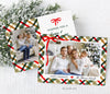 landscape oriented holiday card with single photo on a red, green and gold plaid background with a ribbon detail in upper left corner