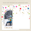colorful snowfall printable christmas photo card, pain back side, portrait orientation