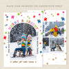 colorful snowfall christmas photo card, printable front, portrait orientation, one photo