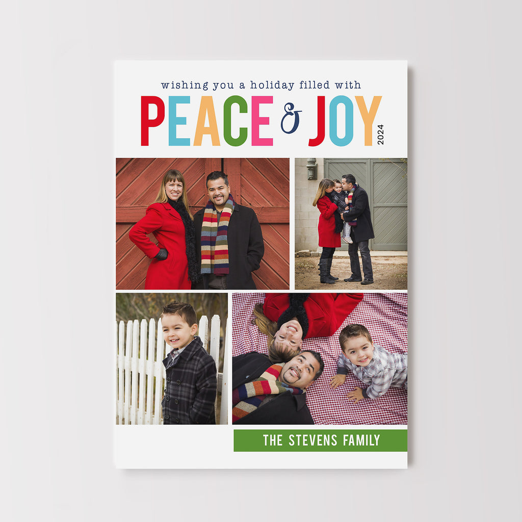 Holiday card with 'Peace & Joy' text and family photos on a white background