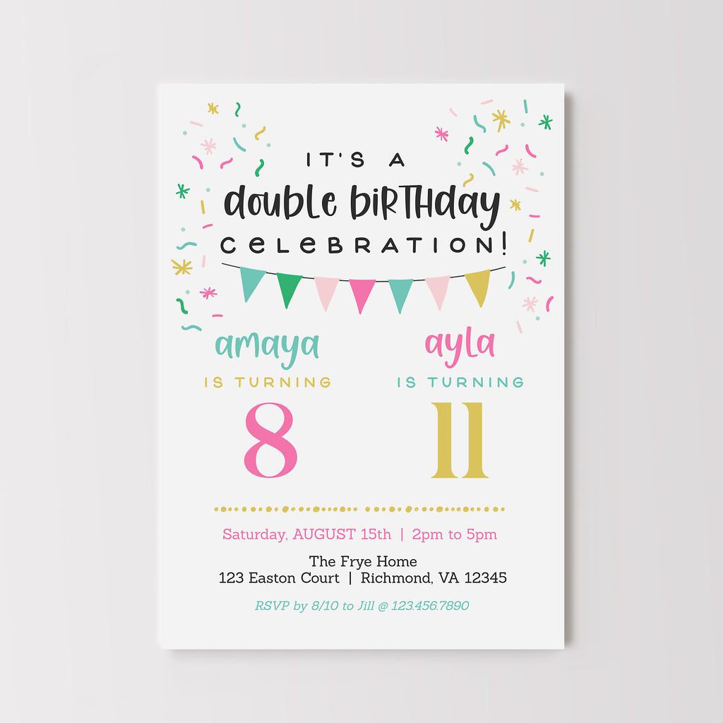 Double birthday celebration invitation with colorful text and design on a white background