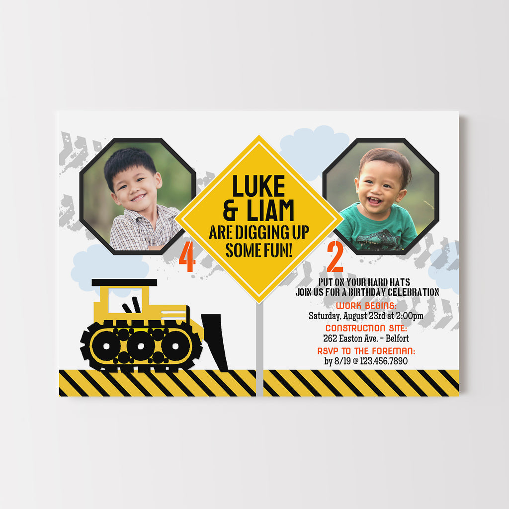 Birthday invitation card with construction theme featuring two children and a bulldozer.