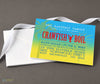 crawfish boil themed party invitation with blue and yellow gradient background, palm tree silhouette, red text and crawfish silhouette, printed on cardstock
