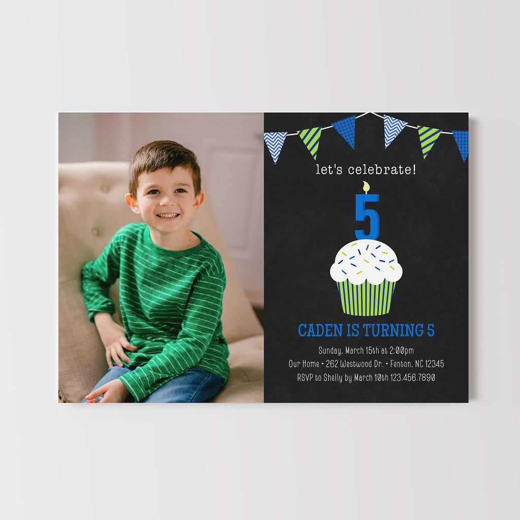 boys birthday invitation template with a single photo on the left and on the right a black chalkboard background with a colorful cupcake and bunting detail.