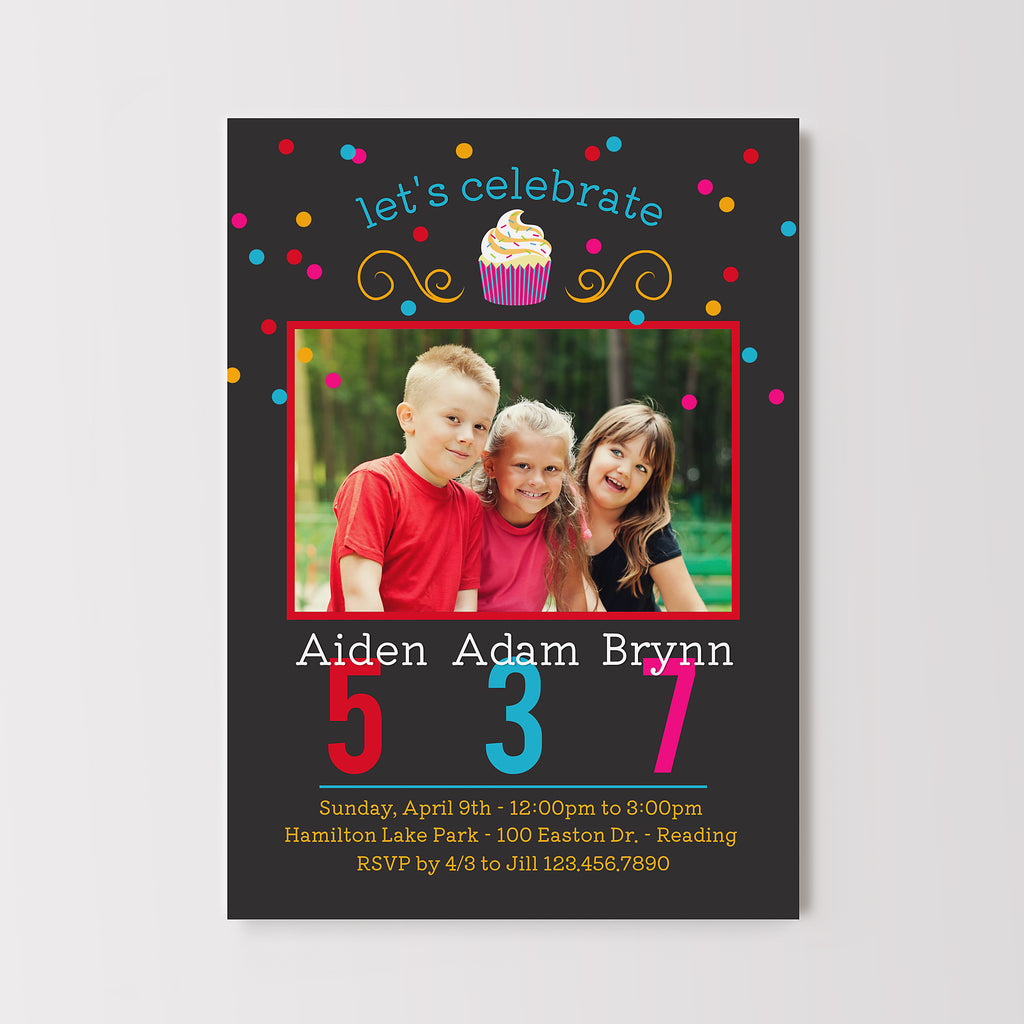 Invitation card with colorful text and a photo of three children on a gray background