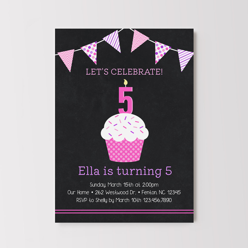 girls birthday invitation with a cupcake, pink and purple banner on a black chalkboard style background