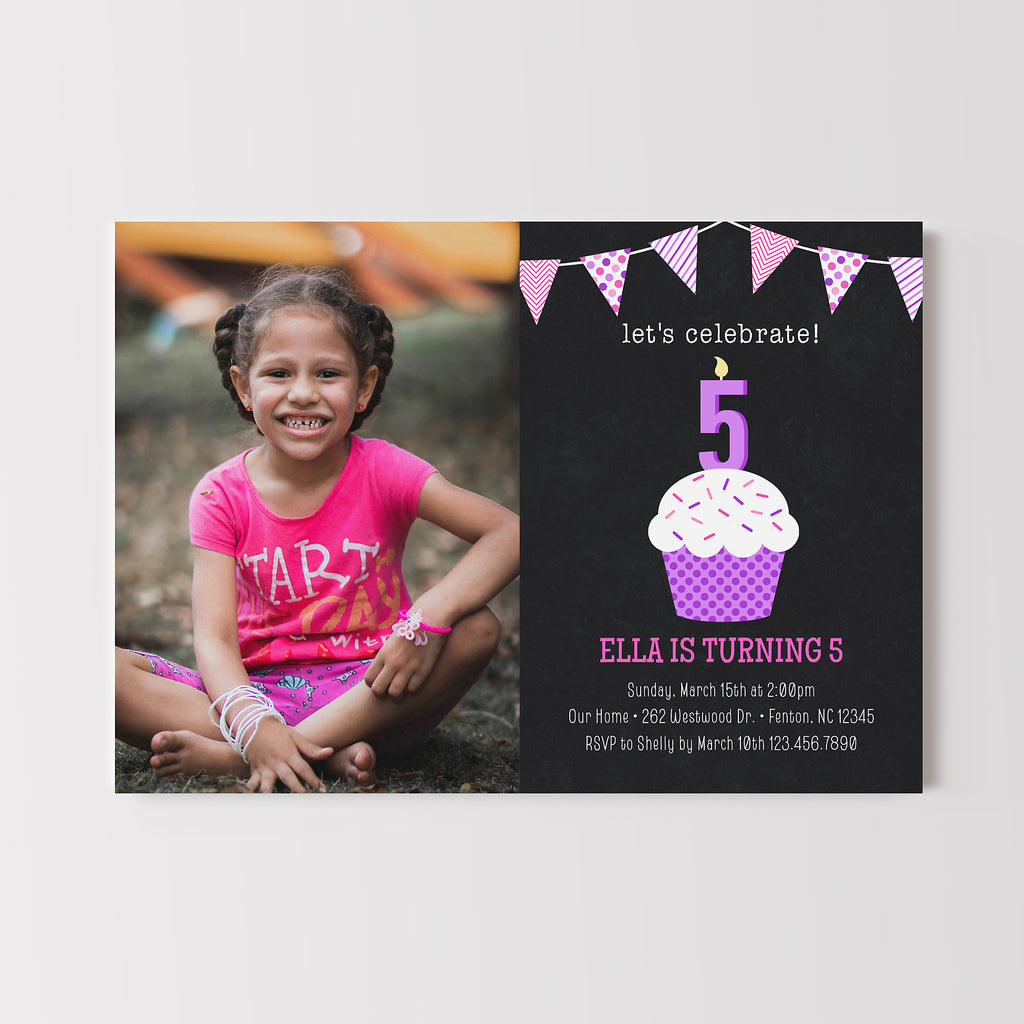 birthday invitation featuring a photo on the left and on the right a black chalkboard style background with a pink and purple colored cupcake and bunting detail. 