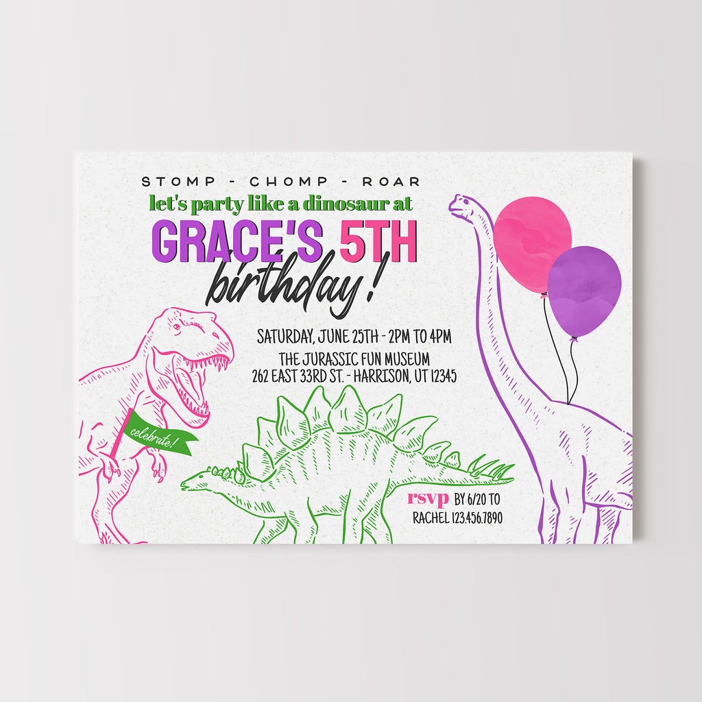 dinosaur themed girls birthday invitation with line drawn dinos and colorful balloons and text