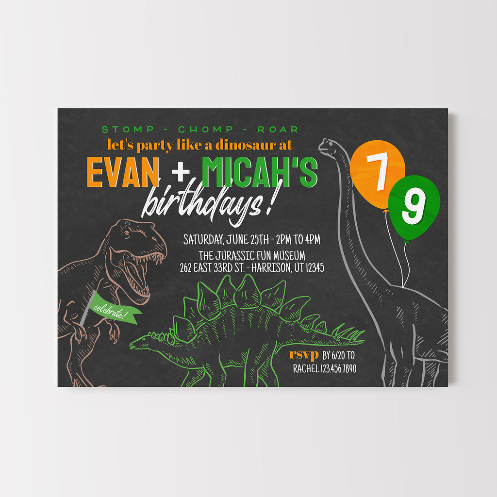 Dinosaur-themed birthday party invitation with illustrations of dinosaurs on a black background.