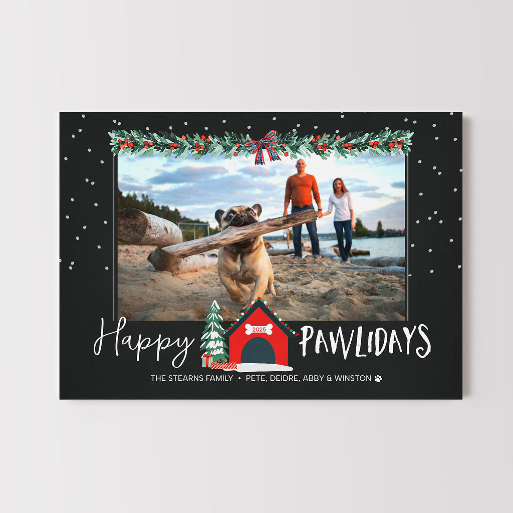 Pet themed holiday card template with a single photo on a black background and a Christmas decorated dog house graphic.
